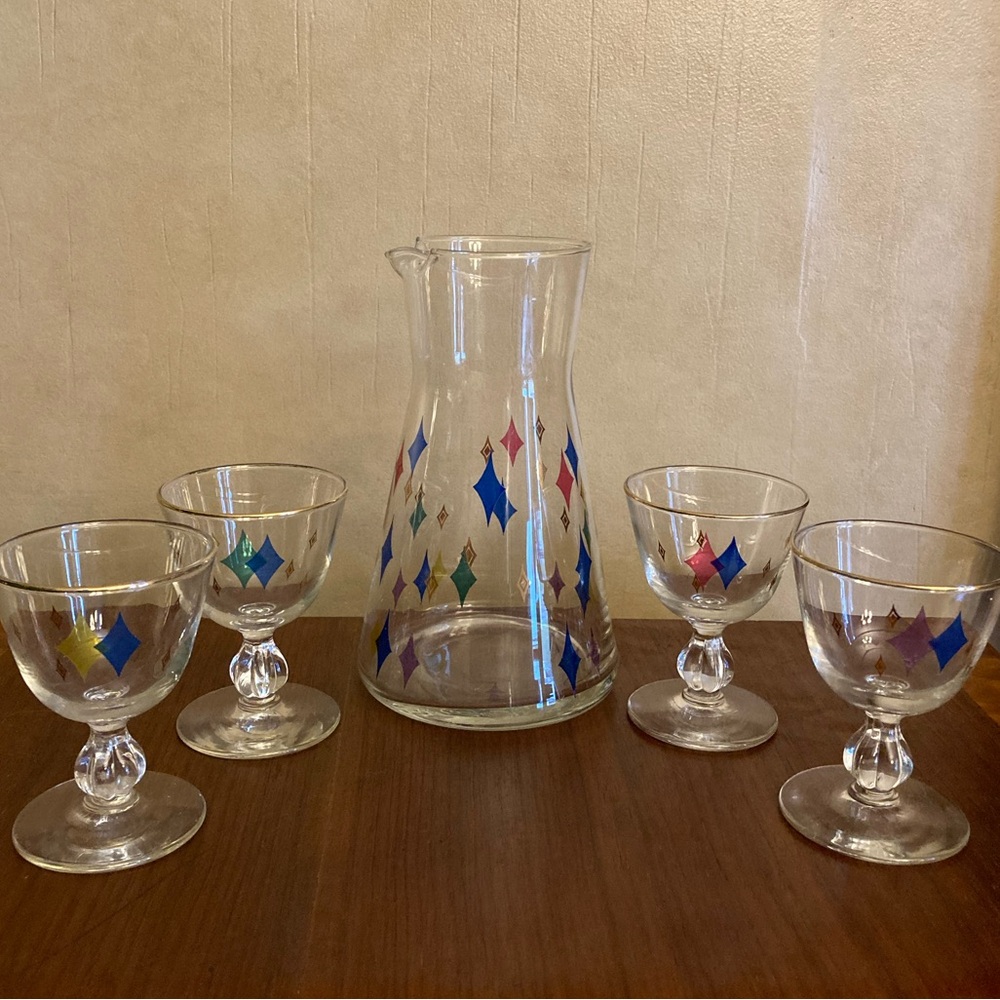 Libby Retro Mid-Century Atomic diamond design Barware set pitcher & 4 glasses
